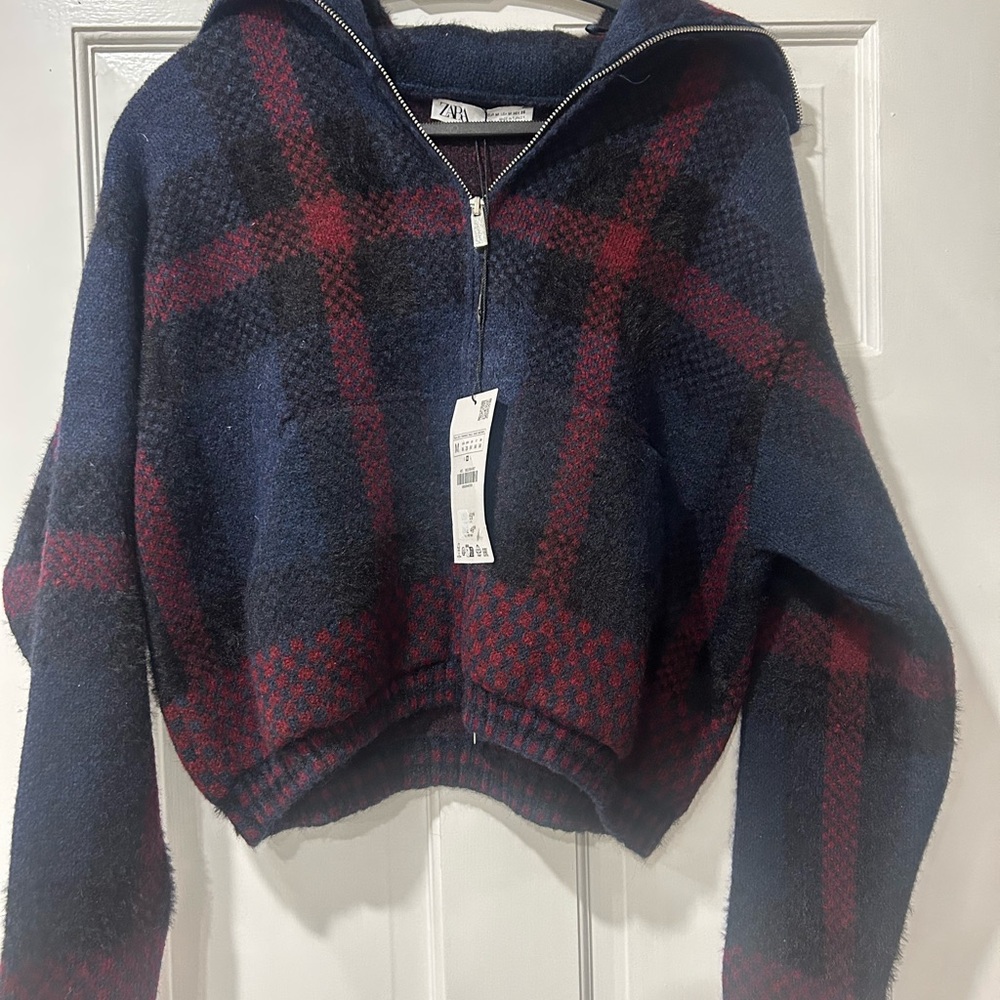 Zara Navy and Burgundy Plaid Half-Zip Cowl Sweater